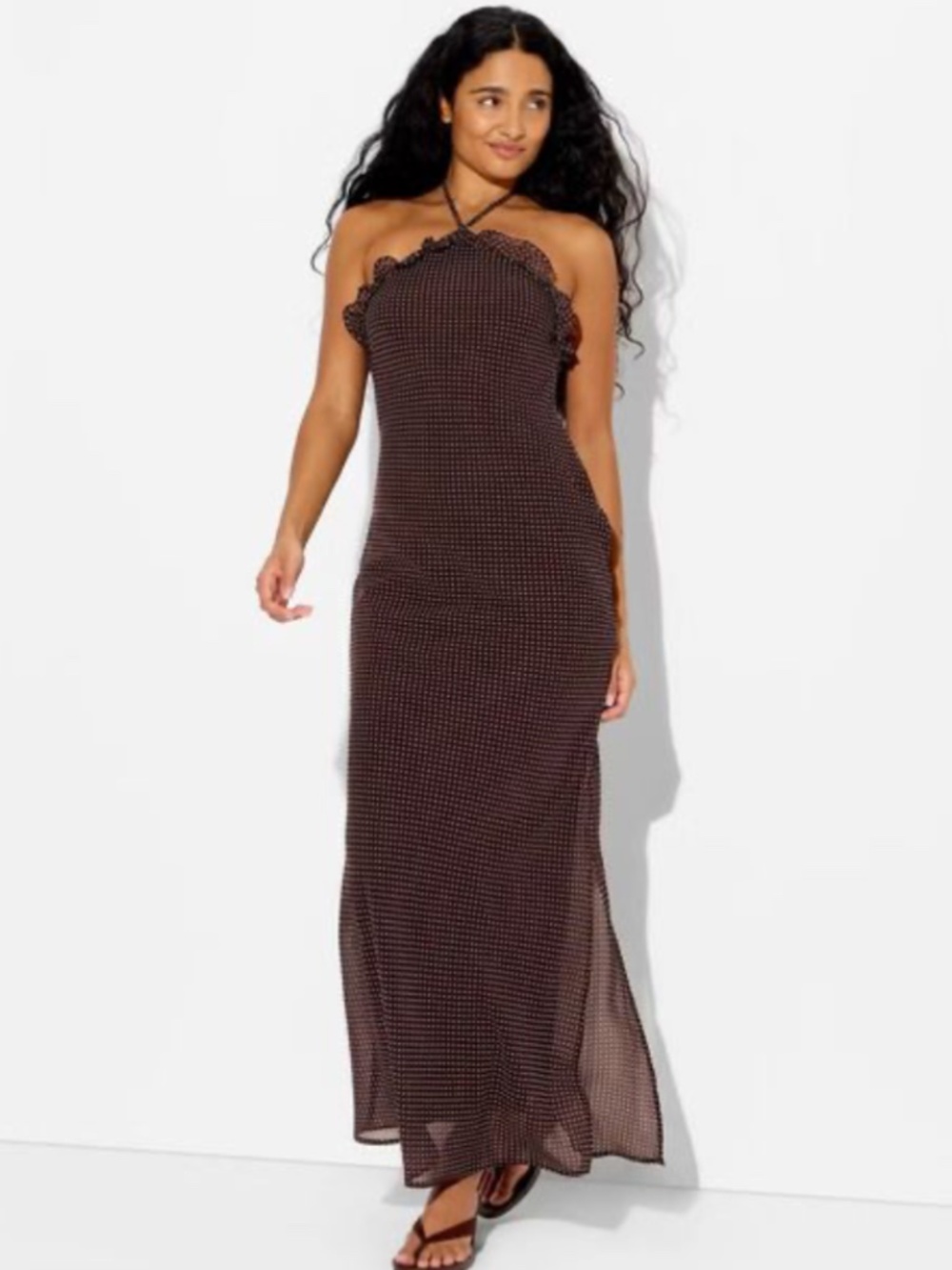 Wild Fable Chiffon Brown Polka Dot Ruffle Empire Waist Maxi Dress Size XS NWT
